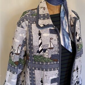 Vintage Blair Nautical Coast Lighthouse Tapestry Jacket New England Nice Size M